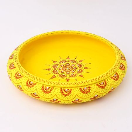 Handcrafted Yellow Terracotta Urli with Golden Motifs